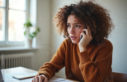 Worried curly woman in terracotta sweater speaks by smartphone sitting at desk. Lady unpleasant conversation about relationships, looks frustrated. Concept of people emotion problems, bad news.