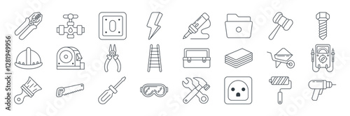 Workshop tools, repair maintenance icons set, Included icons as Drill, File, Paintbrush, Wheelbarrow and more symbols collection, logo isolated vector illustration