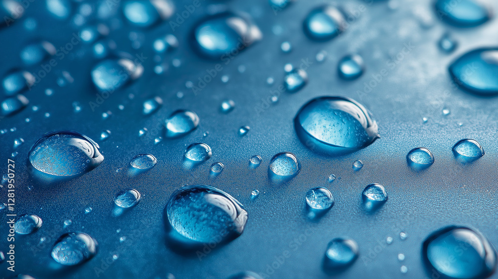 blue background of close-up view of water droplets on a smooth surface, creating a visually striking pattern. 