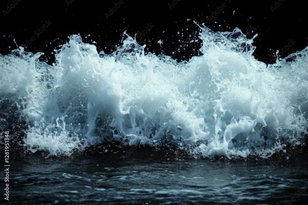 Waves crashing against the shore create a stunning display of white foam in a dark backdrop during twilight hours Waves crashing against the shore create a stunning display of white foam in a dark backdrop during twilight hours