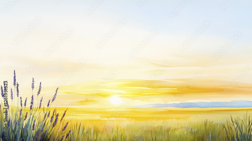 Fototapeta premium serene watercolor landscape featuring sunset over golden field with lavender plants in foreground, evoking tranquility and beauty