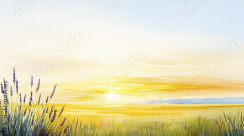 serene watercolor landscape featuring sunset over golden field with lavender plants in foreground, evoking tranquility and beauty