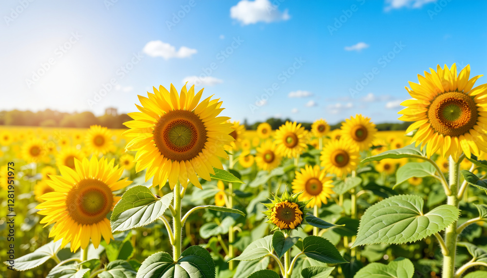 Fototapeta premium Sunflowers blooming in a vibrant field under a clear blue sky