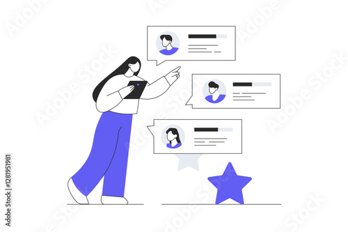 Customer reviews, feedback page. Woman reading user experience comments and client satisfaction rating. Flat Cartoon Vector Illustration, icon. Stylish abstract Flat design for website