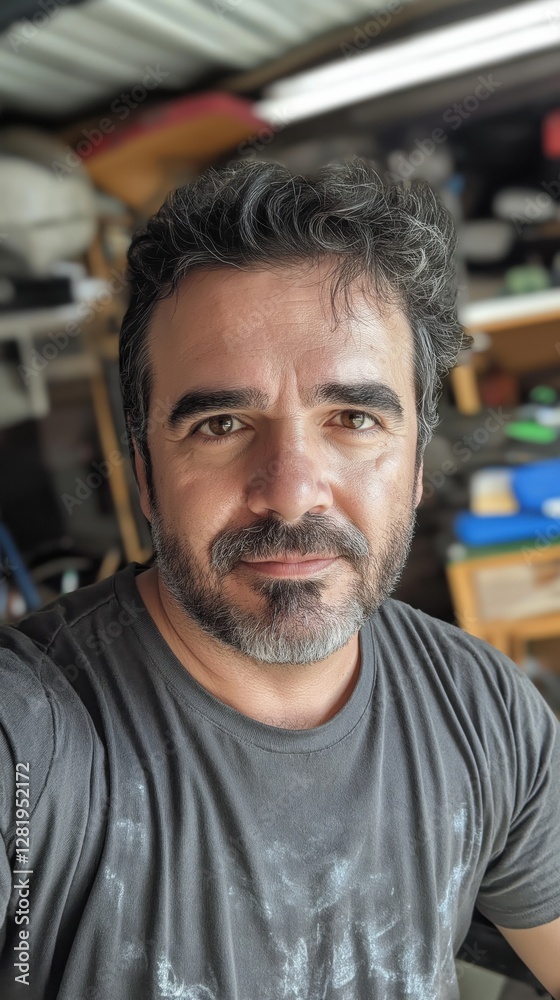 Obraz premium Middle-aged man with dark hair and beard in a workshop.