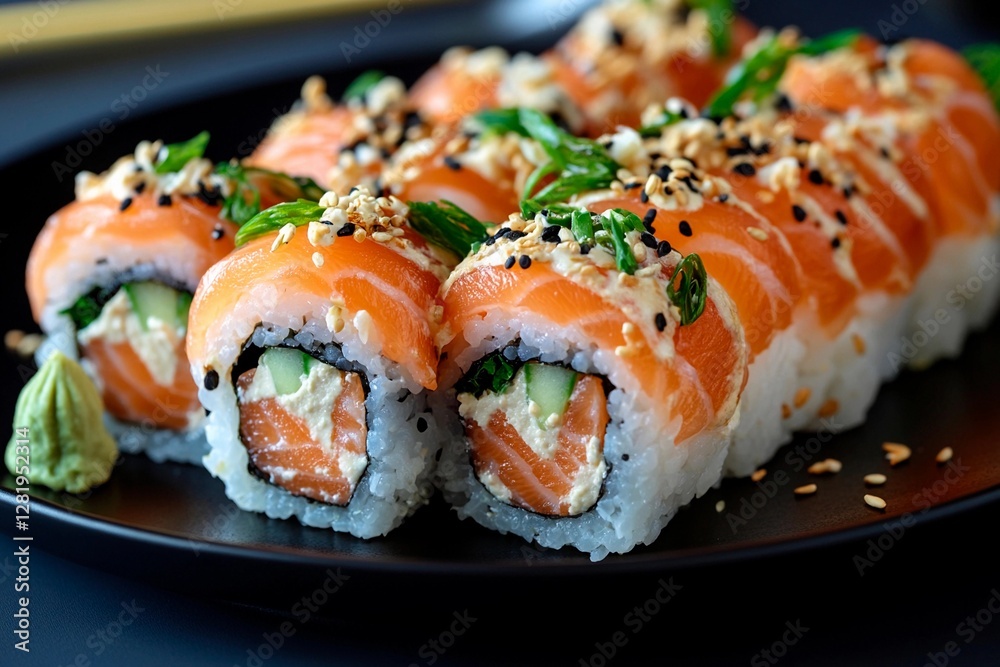 Fresh sushi rolls featuring salmon and cream cheese filling, topped with sesame seeds and green onions, served with wasabi on a sleek black plate Fresh sushi rolls featuring salmon and cream cheese filling, topped with sesame seeds and green onions, served with wasabi on a sleek black plate