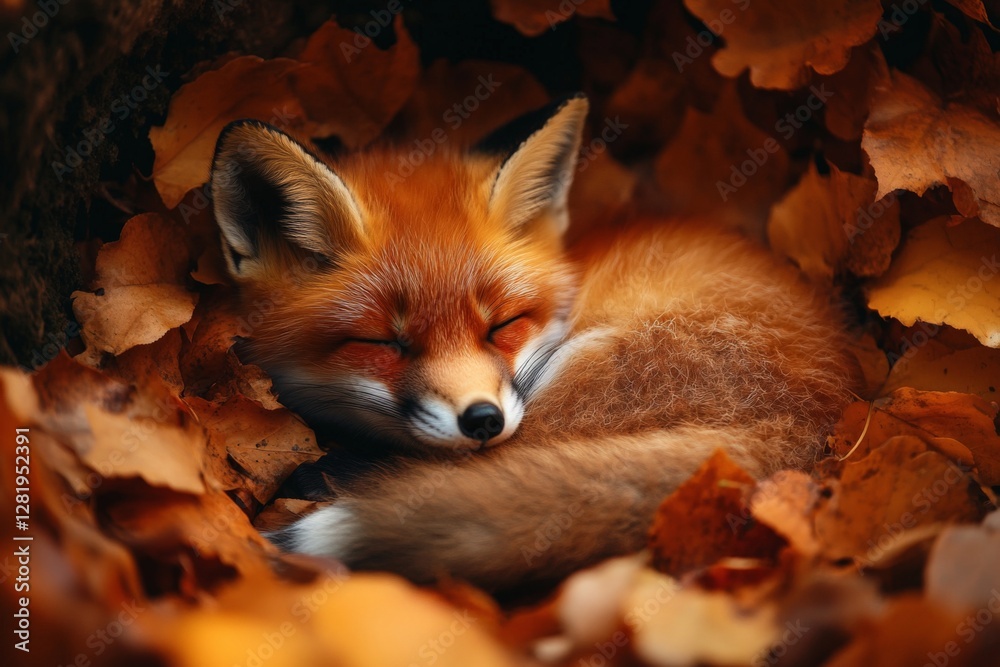 Obraz premium Fox sleeps peacefully among autumn leaves in a serene forest setting during the golden hour