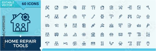 Home Repair Tools line icons set. Contain linear outline icons build, saw, paint, screw, work and more. Flat icon design. Vector outline and solid icons collection.