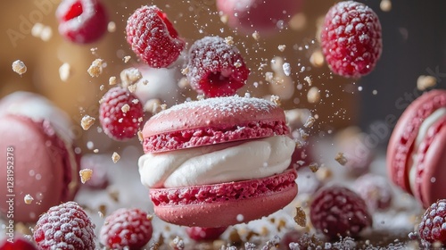 Pink raspberry macarons with cream filling levitate among sugar and raspberries in a sweet dessert scene.