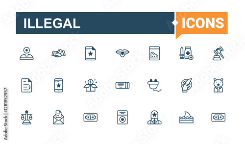 Illegal set of modern icons. Featuring justice, help, dollar, police, human, prison and more. Icons for UI. Editable vector outline and solid icons.