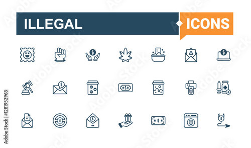 Illegal set of modern icons. Featuring justice, help, dollar, police, human, prison and more. Icons for UI. Editable vector outline and solid icons.