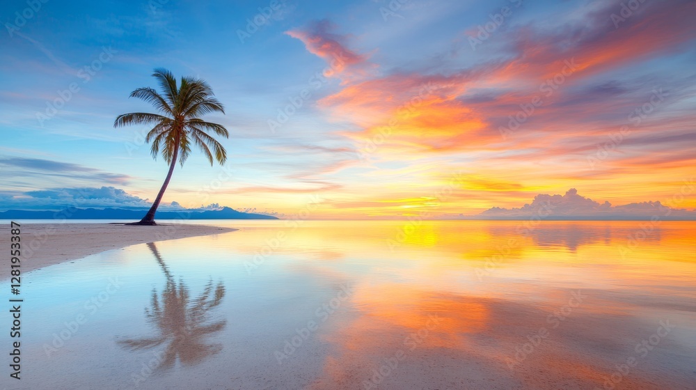 Obraz premium Espectacular atardecer con tonos rosa y púrpura en la playa tranquila