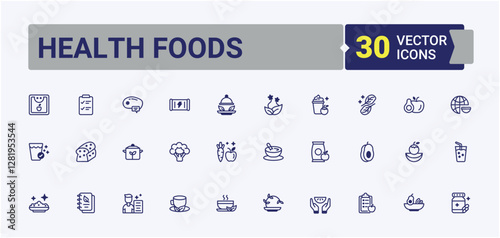 Health Foods line icon. Featuring free, natural, weight, eco, fit, vegan and more. Outline icon collection. Solid line editable vector illustration.