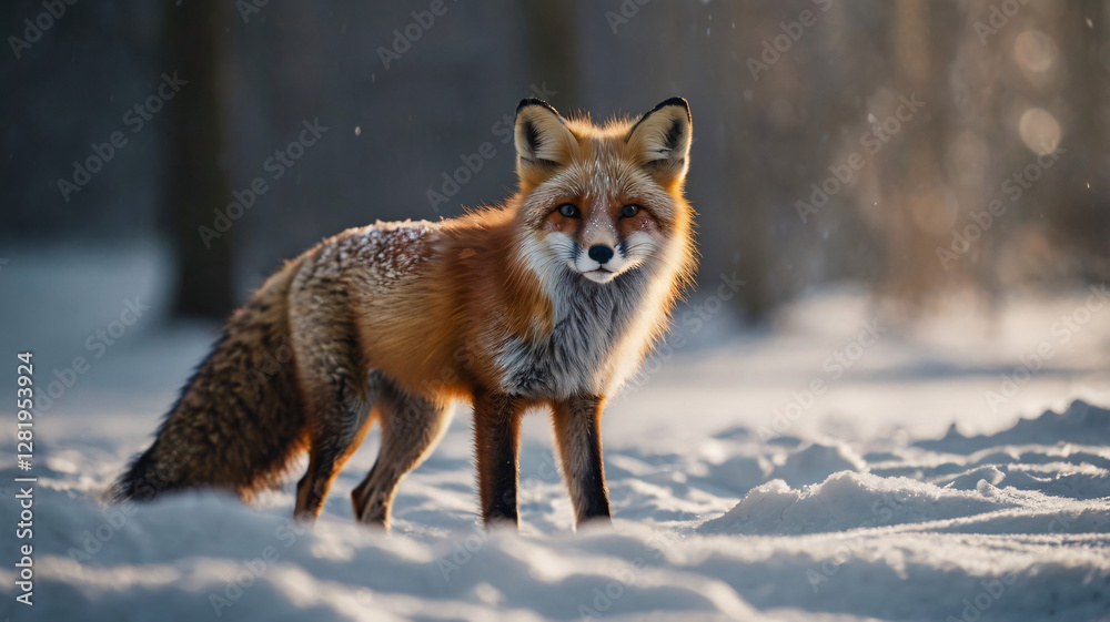A red fox stands alert in a snowy landscape, its fur dusted with snowflakes and a blurred forest in the background. A red fox stands alert in a snowy landscape, its fur dusted with snowflakes and a blurred forest in the background.