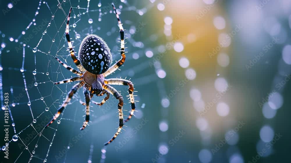 Close-up of a spider on a dew-covered web with a soft bokeh background