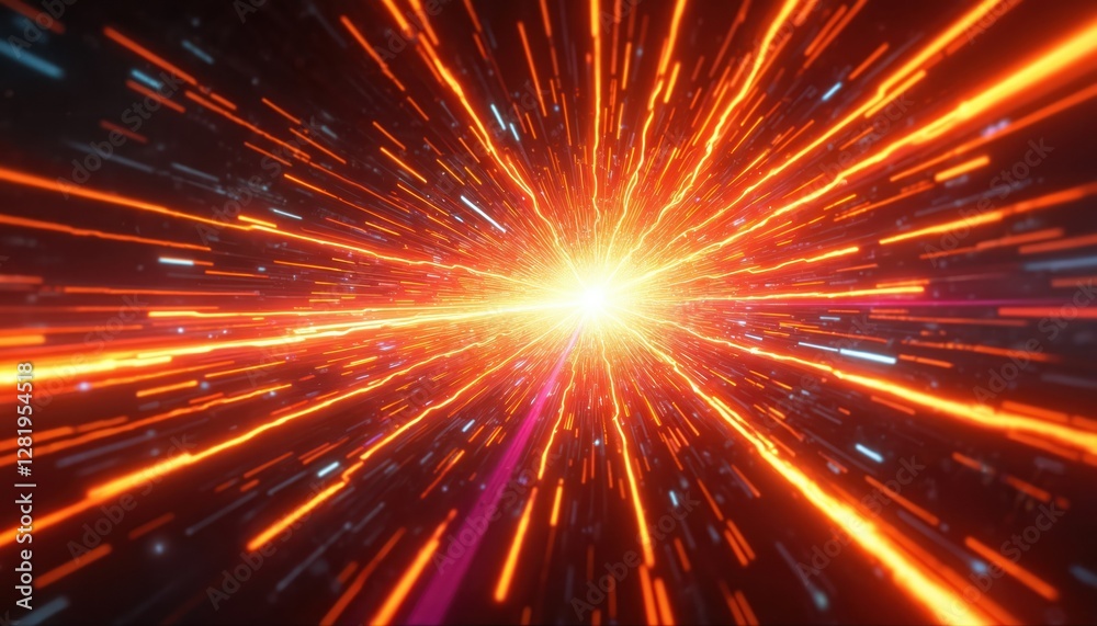 Neon glow of laser beam explosion in cyber space. Sci-fi concept, abstract futuristic dark background. Glowing orange light streaks accelerate with digital speed, hi-tech wallpaper. Neon glow of laser beam explosion in cyber space. Sci-fi concept, abstract futuristic dark background. Glowing orange light streaks accelerate with digital speed, hi-tech wallpaper.