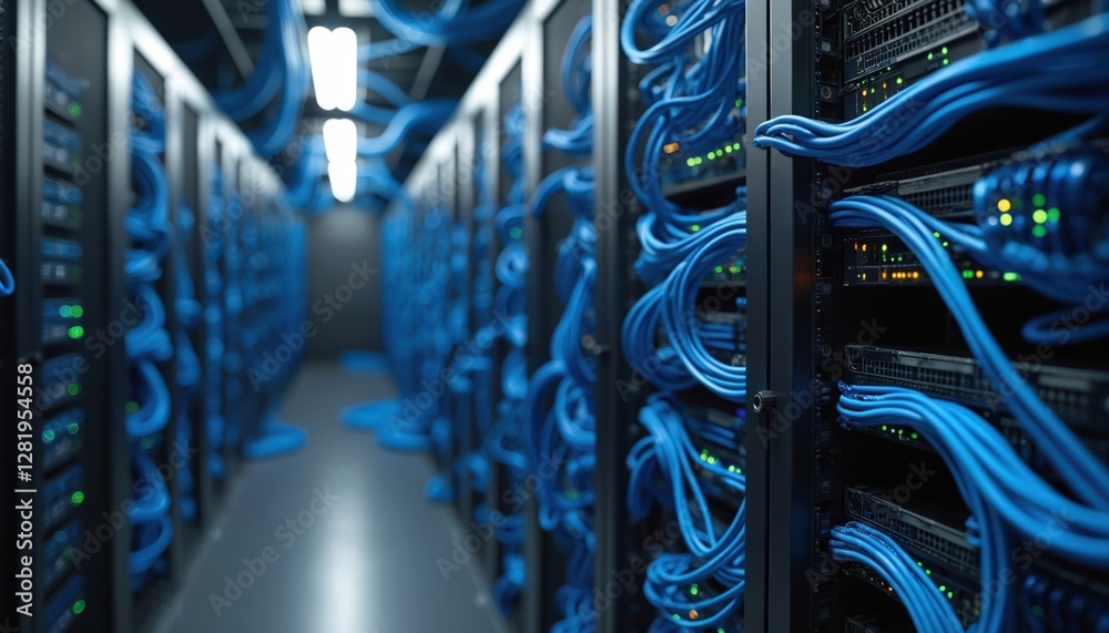 Obraz premium Long server room corridor. Many server racks with blue cables for data transfer and electricity. Tech equipment for cloud services and data storage. Modern datacenter power supply system.
