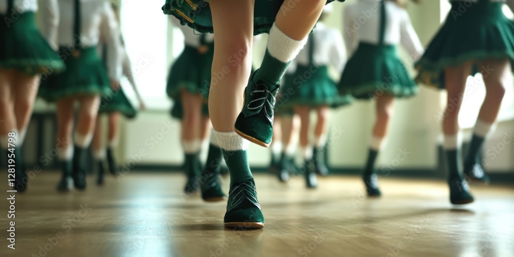 A group of ballet dancers in uniform, practicing formation and foot positioning. A group of ballet dancers in uniform, practicing formation and foot positioning.