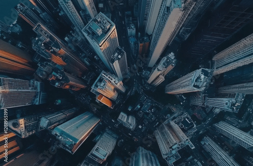 Capturing the dynamic essence of Hong Kongs architecture, this view highlights towering skyscrapers and busy streets illuminated by the warm glow of sunset, emphasizing the city's unique skyline photo