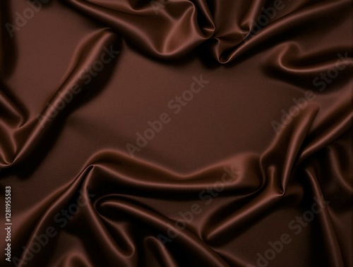 Brown satin fabric, wavy abstract satin cloth texture pattern, top view brown drapery silk fabric luxury background