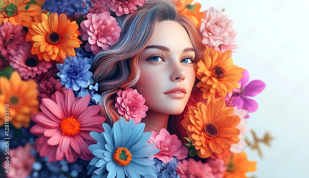 Vibrant Floral Arrangement Surrounding a Figure in Orange, Pink, and Blue Vibrant Floral Arrangement Surrounding a Figure in Orange, Pink, and Blue