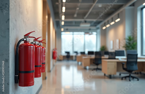 Red fire extinguishers hang on wall in office hallway. Emergency equipment for fire safety, protection, prevention, readiness in corporate building, commercial facility. Workplace training,