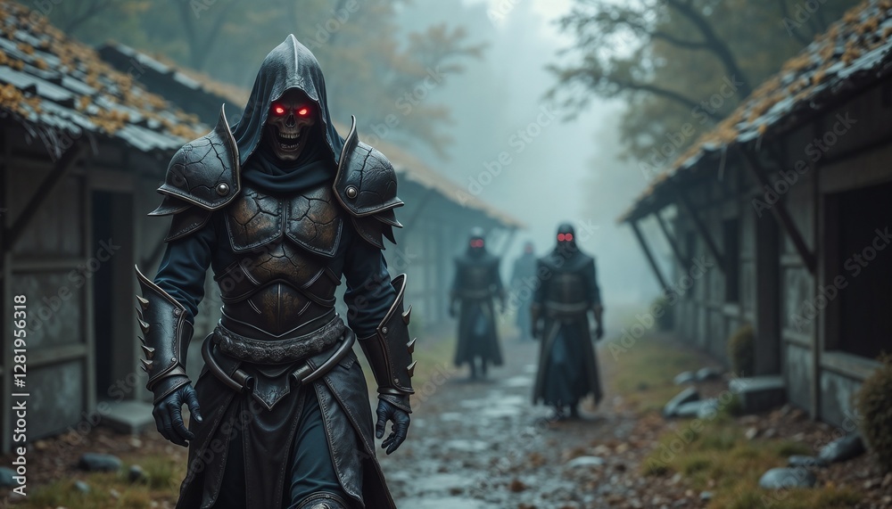 Armored skeleton warriors with glowing red eyes, marching through misty forest village in eerie atmosphere Armored skeleton warriors with glowing red eyes, marching through misty forest village in eerie atmosphere