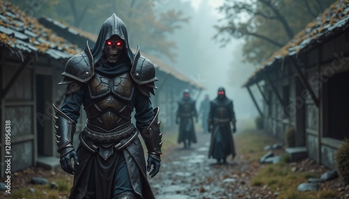 Armored skeleton warriors with glowing red eyes, marching through misty forest village in eerie atmosphere