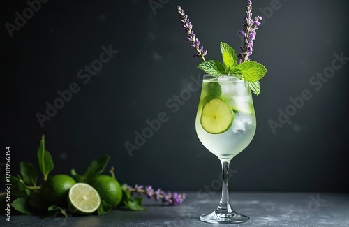 Elegant Hugo cocktail in wineglass with limes, mint, lavender flowers. Refreshing summer aperitif drink with ice cubes on dark background. Exotic freshness, cool beverage for party.