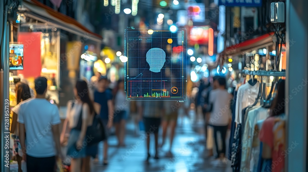 Obraz premium Night market, face scan, data analysis