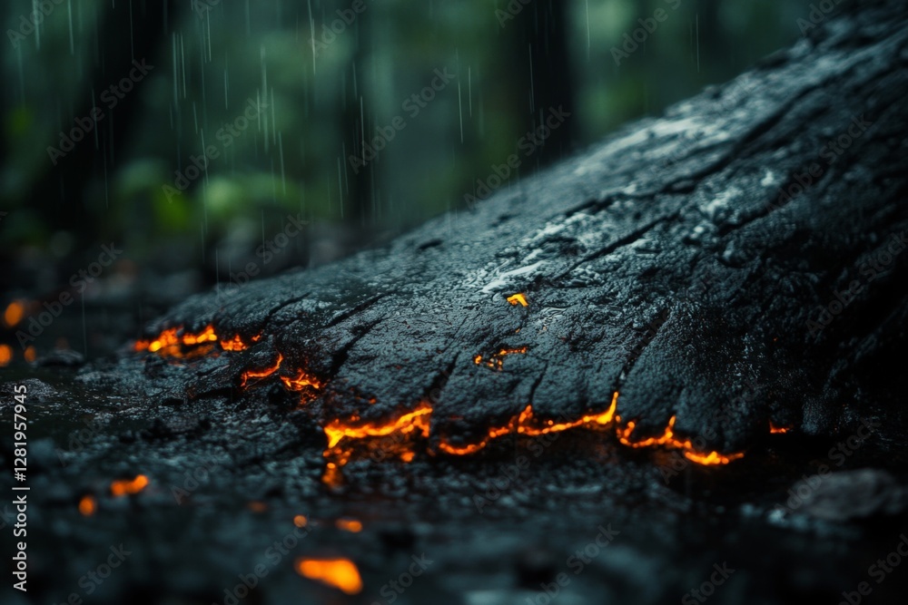 Fototapeta premium Glowing lava cools in the rain-soaked forest, showcasing nature's dramatic contrasts and fiery transformation