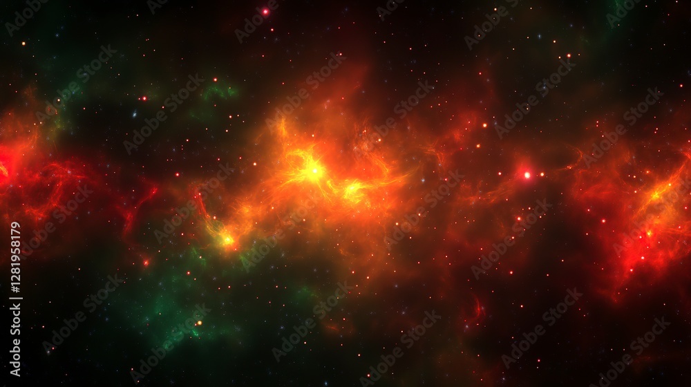 Naklejka premium Dark cosmic background with glowing red and green lights, softly blurred, evoking a mysterious and vibrant ambiance