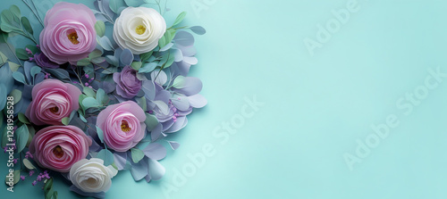 Beautiful Postcart with copy space. Paper Flowers and green leaves composition. Pastel mint  template backgroundfor  for Mother's Day or Wedding invitations