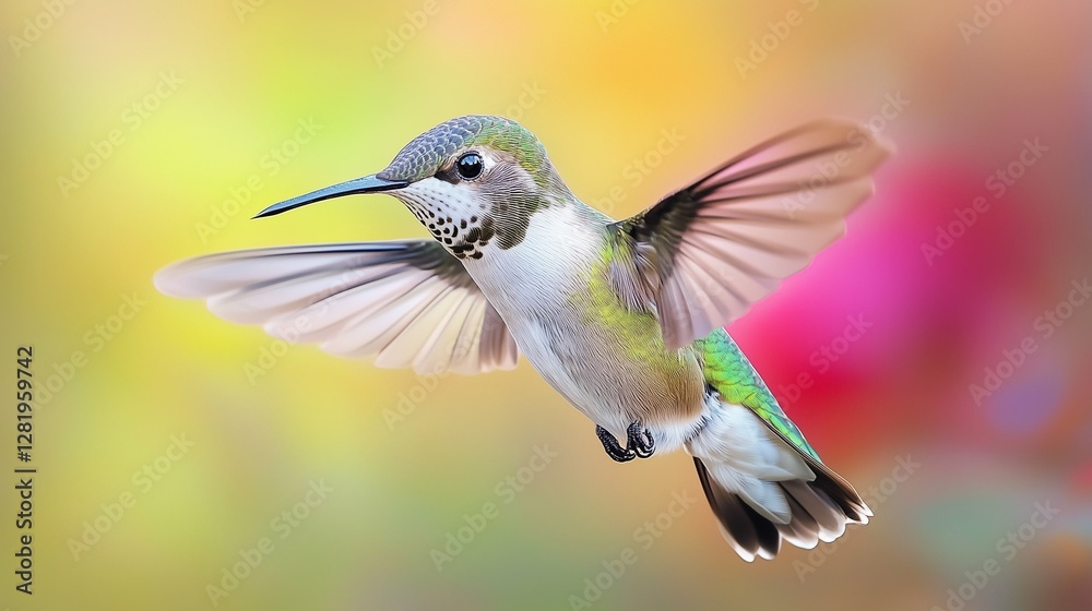 Naklejka premium A vivid hummingbird flits gracefully in a colorful garden, surrounded by various blossoms. Soft sunlight enhances the bird's iridescent feathers, creating a mesmerizing view.