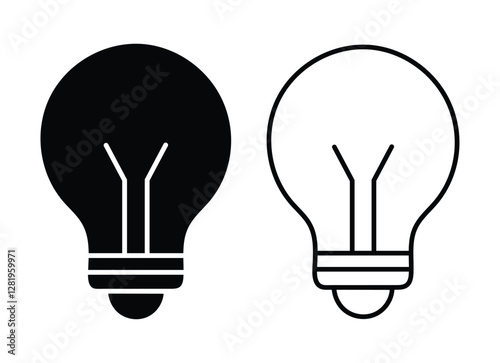 Black Lightbulb Silhouette and Outline Illustration on White Background