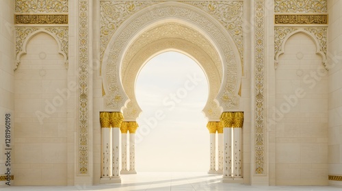 Majestic Ramadan Islamic archway with intricate golden details - traditional Arabic architecture with elegant marble columns and open courtyard