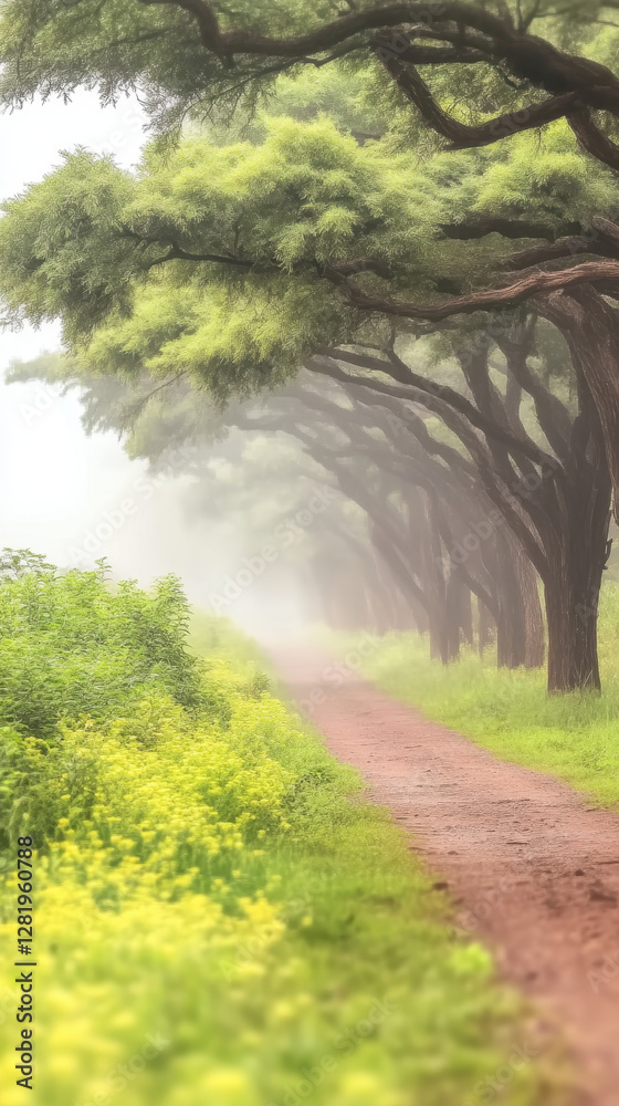 Obraz premium Serene Foggy Pathway Surrounded by Lush Trees and Greenery