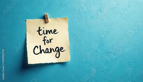 Handmade paper note reads Time for Change, attached with clip on blue backdrop, symbolizing transformation, new opportunity, inspiration, motivation, self-improvement and future success.