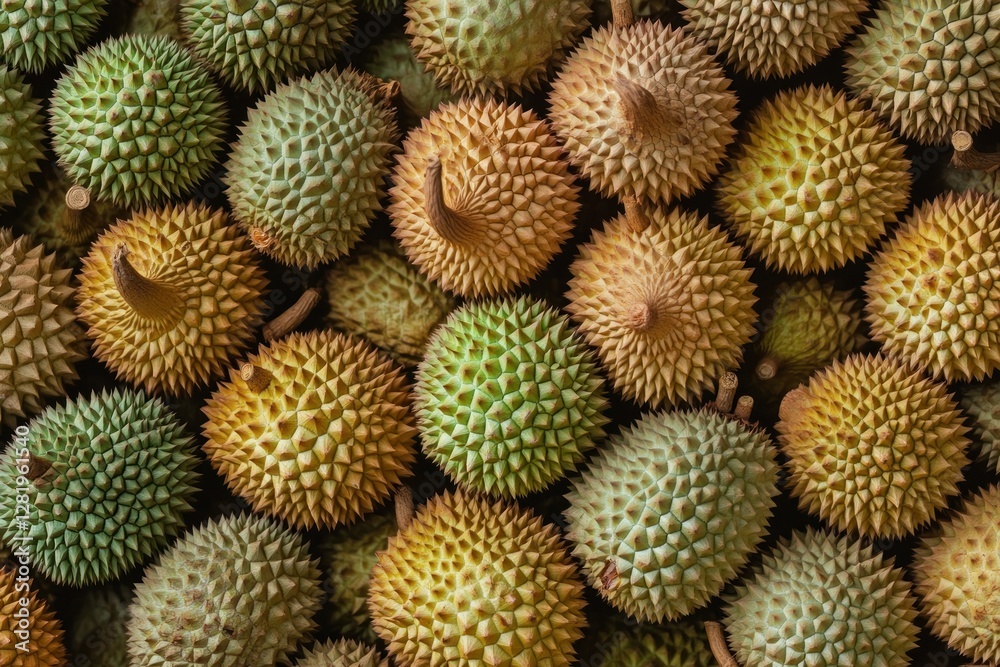 A Collection Of Durian Fruits In Various Shades Of Green And Brown A Collection Of Durian Fruits In Various Shades Of Green And Brown