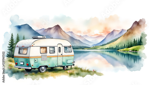 Watercolor illustration of a camper van parked by a mountain lake, peaceful reflections on the water, soft natural colors, tranquil and free-spirited background