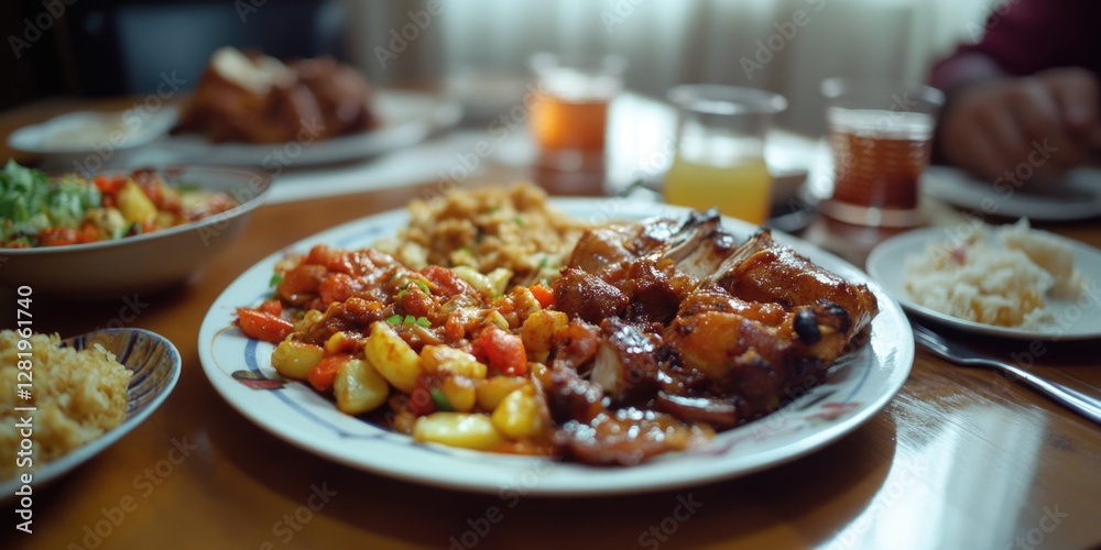 A table of family and friends enjoying a meal together. Various ethnic dishes served on plates and in bowls reflect the cultural diversity of their preferences. A table of family and friends enjoying a meal together. Various ethnic dishes served on plates and in bowls reflect the cultural diversity of their preferences.