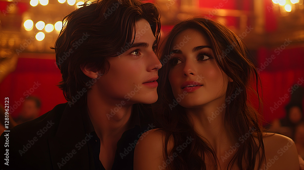 Young couple gazing, theater setting, romantic date, red lighting, intimate moment, advertising use Young couple gazing, theater setting, romantic date, red lighting, intimate moment, advertising use