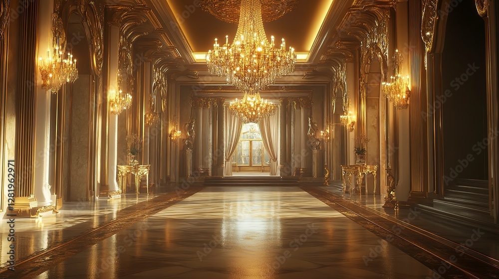 Obraz premium elegant chandelier hanging in grand hallway, soft lighting, luxurious interior, golden accents, ornate details, vintage opulence, high-class atmosphere