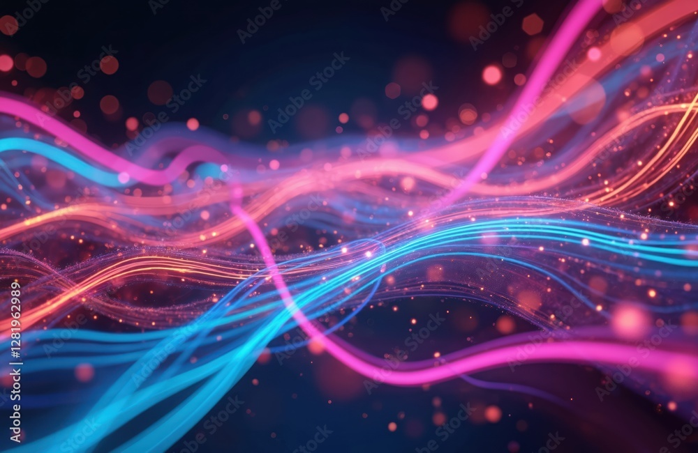 Fototapeta premium Colorful abstract 3D AI design featuring optic fiber electrical cables, wires and neon waves. Glowing lines form background pattern, streams information optical connection for internet web.