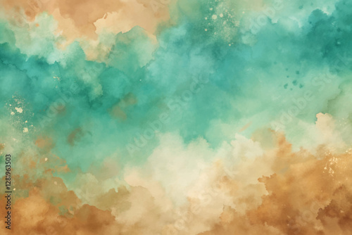 A painting of a beach with a blue sky and a green ocean. The painting has a calming and peaceful mood