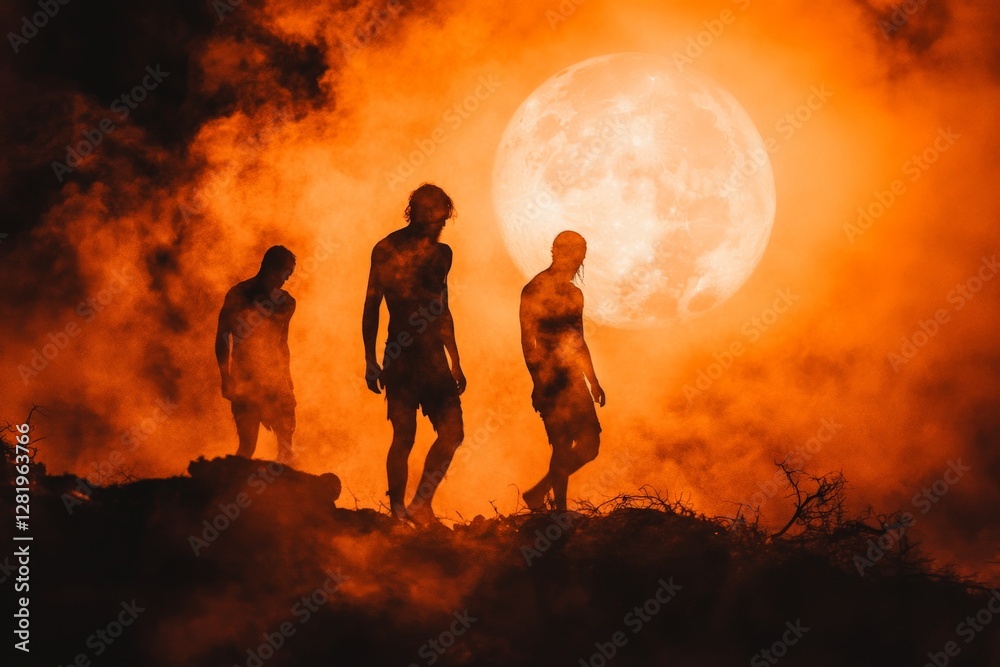 Fototapeta premium Silhouetted figures walking through mist under a full moon at dusk