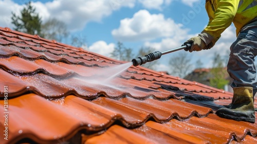 Expert service cleans terracotta roof tiles with high pressure jet for home renovation upkeep
