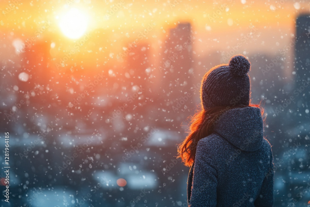 Naklejka premium Woman in winter coat gazes at a snowy cityscape during a vibrant sunset.