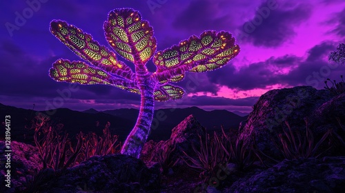 giant alien plant with bioluminescent leaves, purple sky, strange creatures, glowing terrain, extraterrestrial landscape, science fiction theme