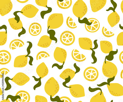 Seamless pattern yellow lemon and slices with leaves of trendy tropical summer style, hand drawn flat print for wallpaper. Vector illustration